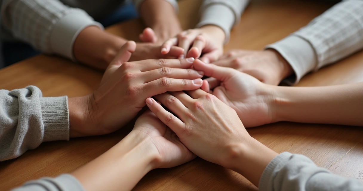 Several hands overlapping on a wooden table in support 