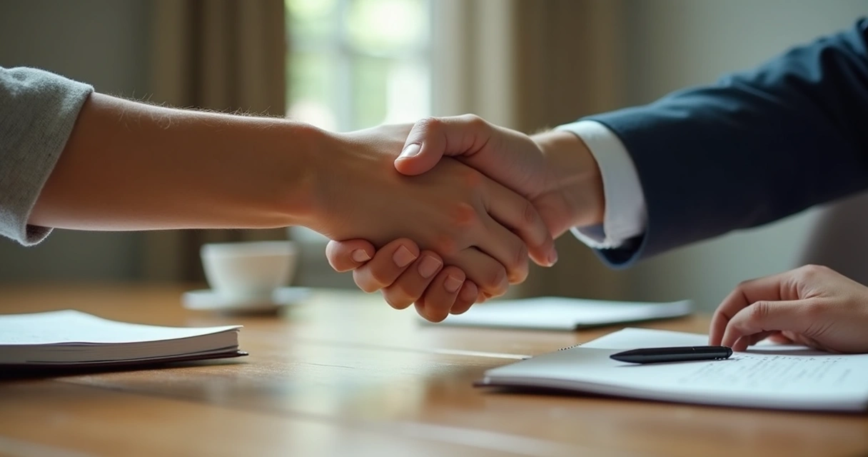 Two hands meeting over a table after a respectful conversation 