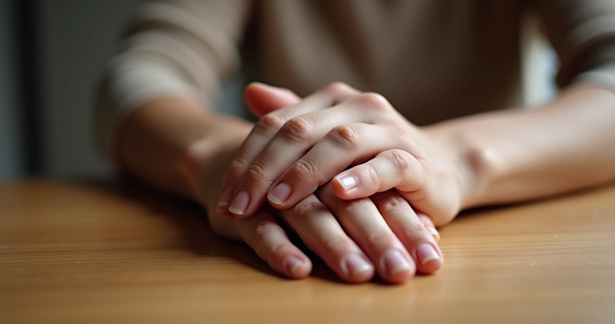 Two hands in a supportive gesture, one gently resting on the other.