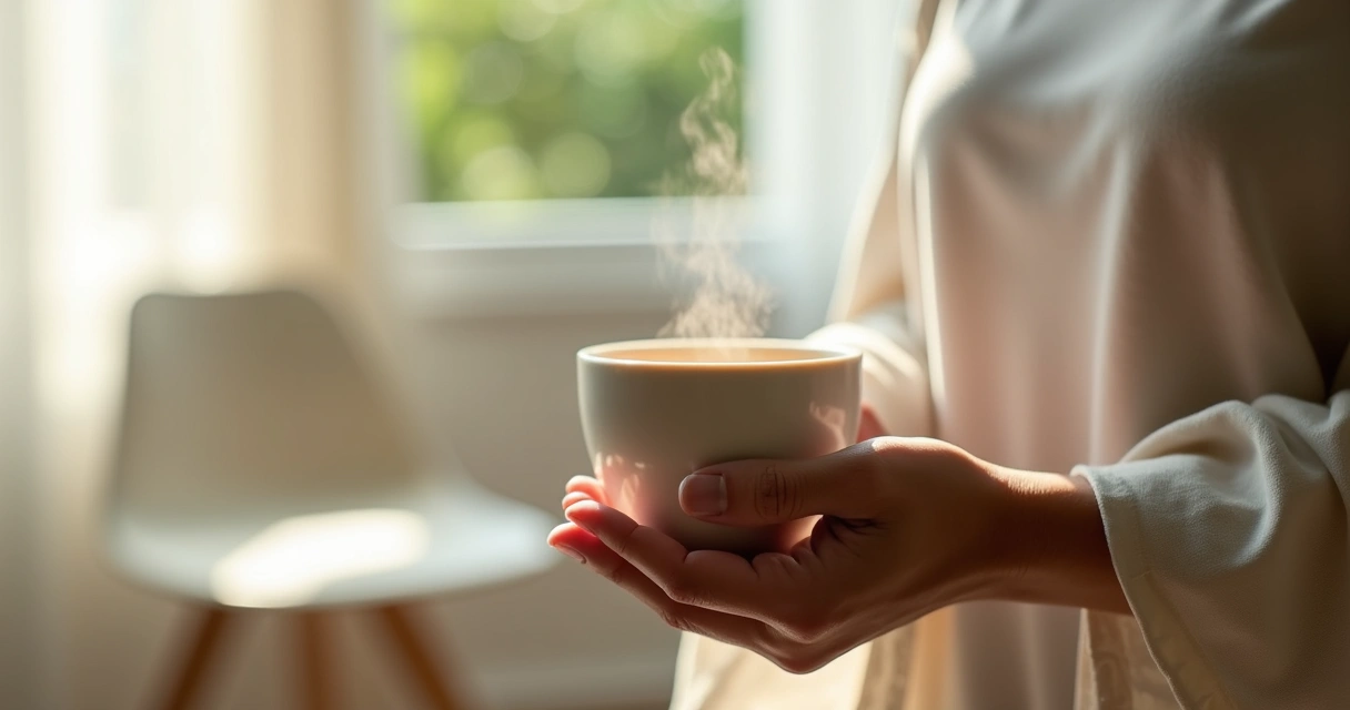 Hands holding a tea cup near a window during a quiet pause