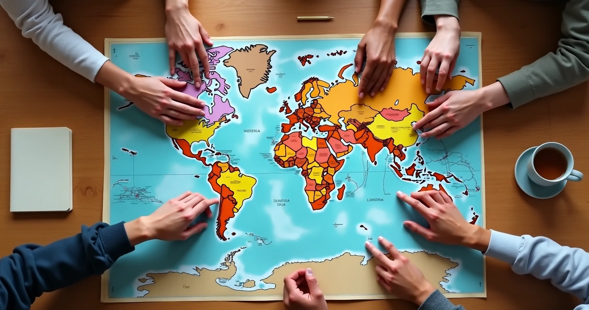 Hands around a world map on a wooden table 