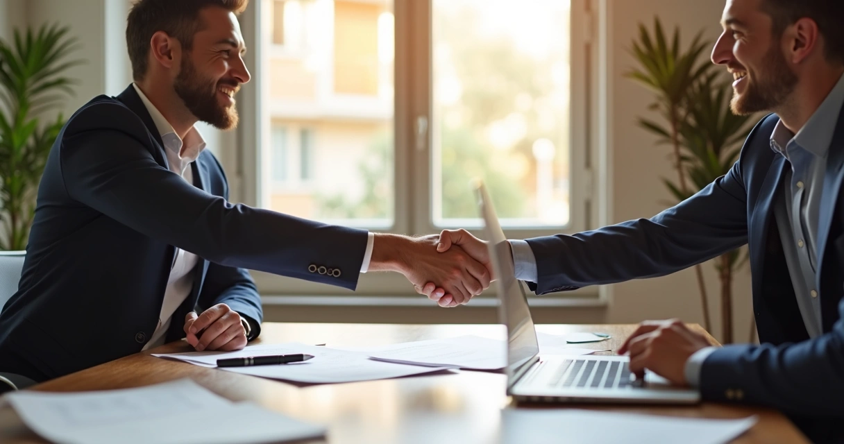 Client and freelance developer shaking hands after agreement in office 