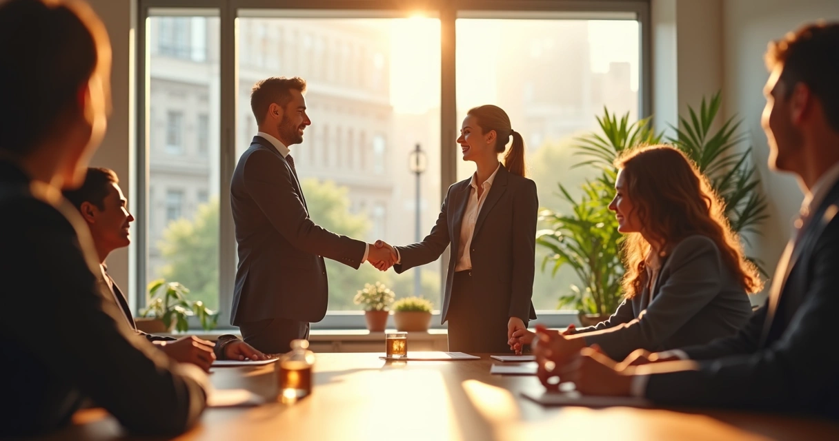 Two team members shaking hands in an office with smiling coworkers around them 