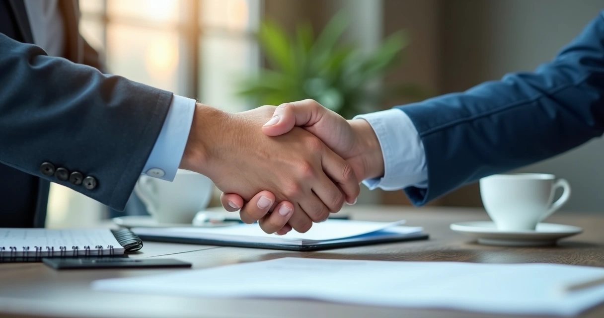 Two professionals shaking hands after an honest discussion in an office