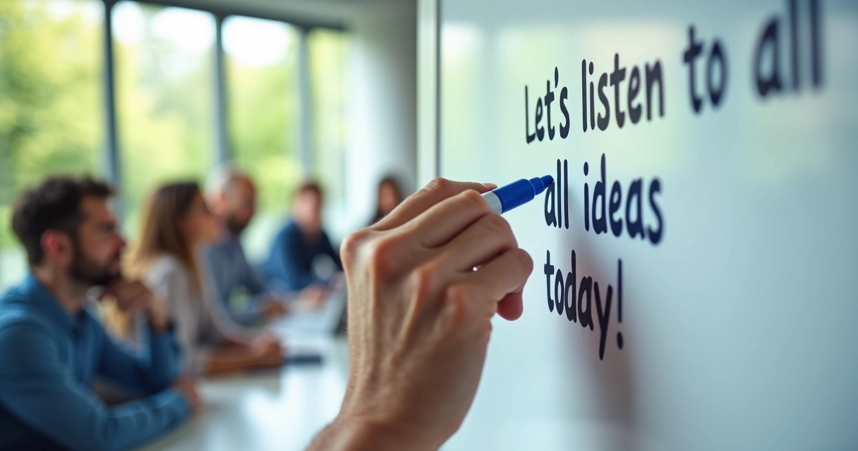 Hand writing intention statement on meeting whiteboard with participants in background 