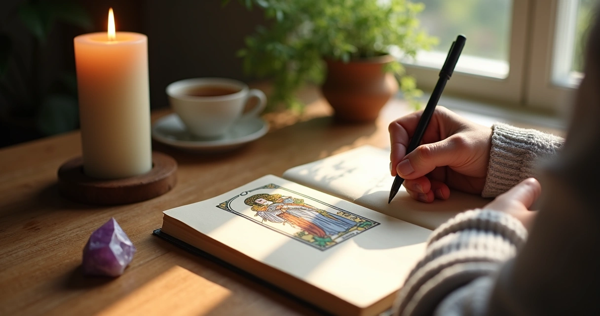 Person journaling at a table with Hanged Man card 