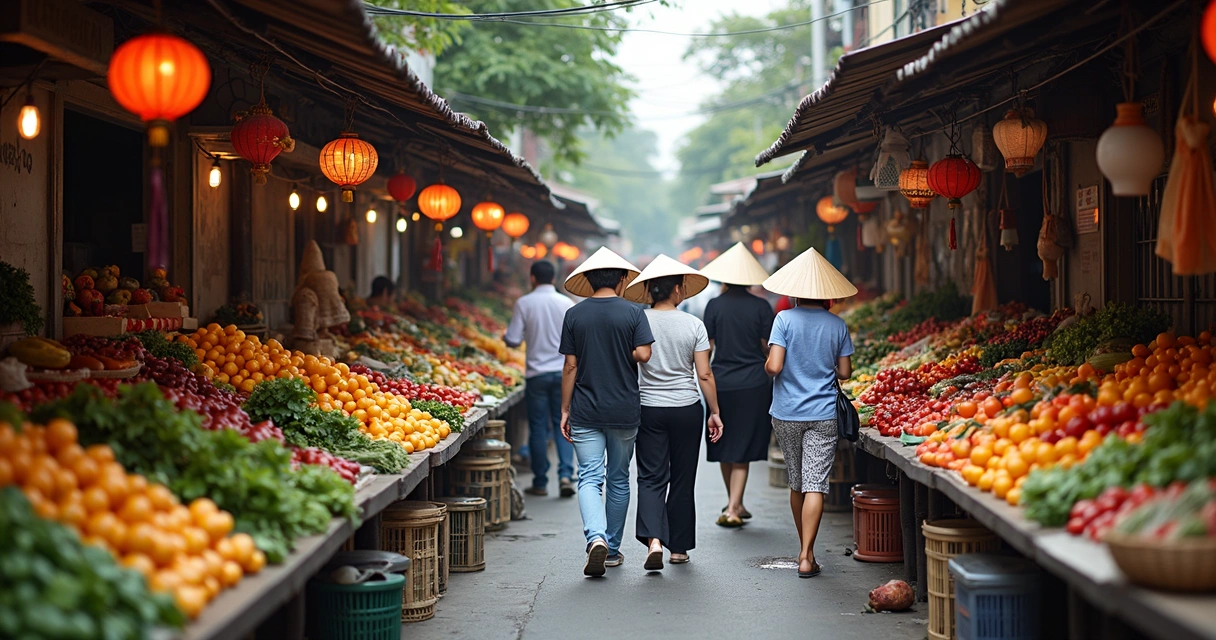 Mercado tradicional de Hanói com muitos produtos coloridos 