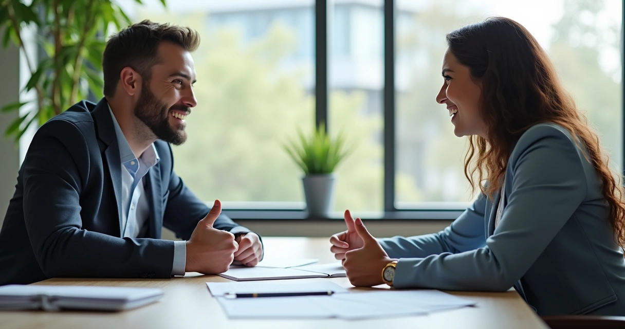 Immigration consultant receiving happy feedback from a client in modern office 
