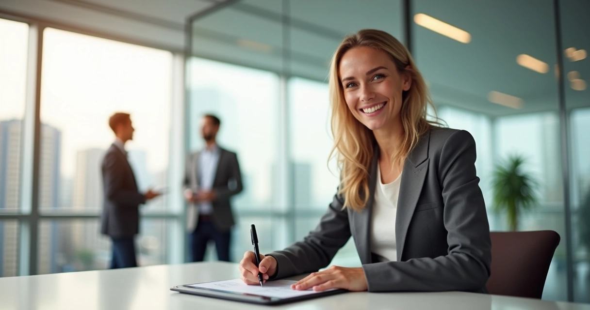 Irish businesswoman smiling as she signs a digital document on a tablet, office setting with coworkers in background. 