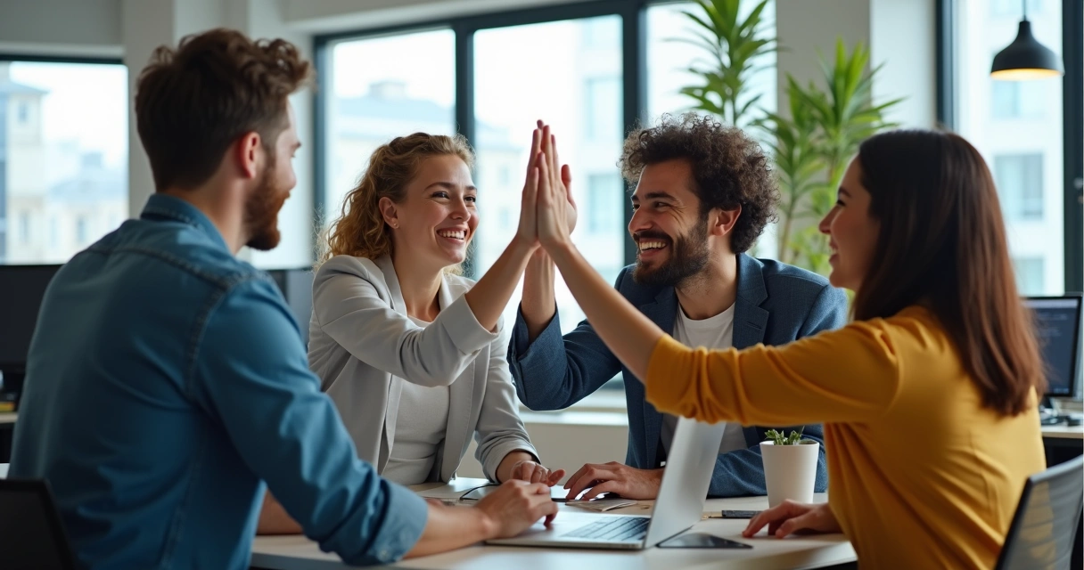 Coworkers in an office celebrating success with high-fives and laughter 