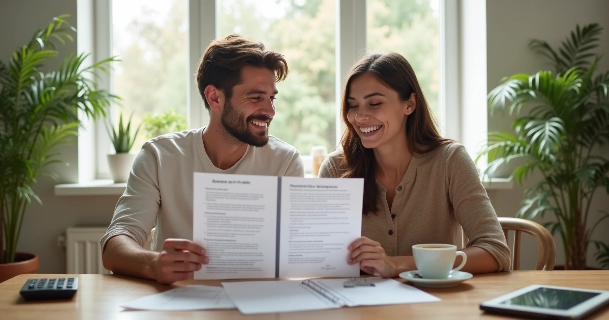 Happy couple holding refinance agreement at living room table 
