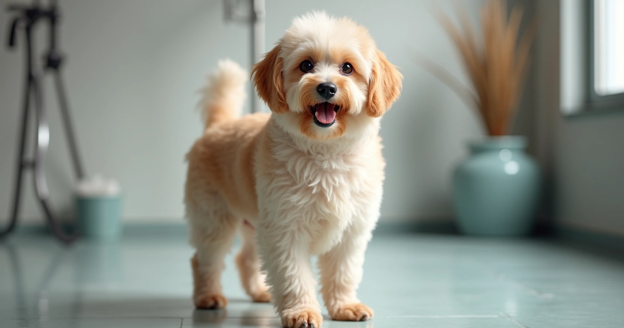Clean dog with shiny coat standing on salon floor, looking relaxed
