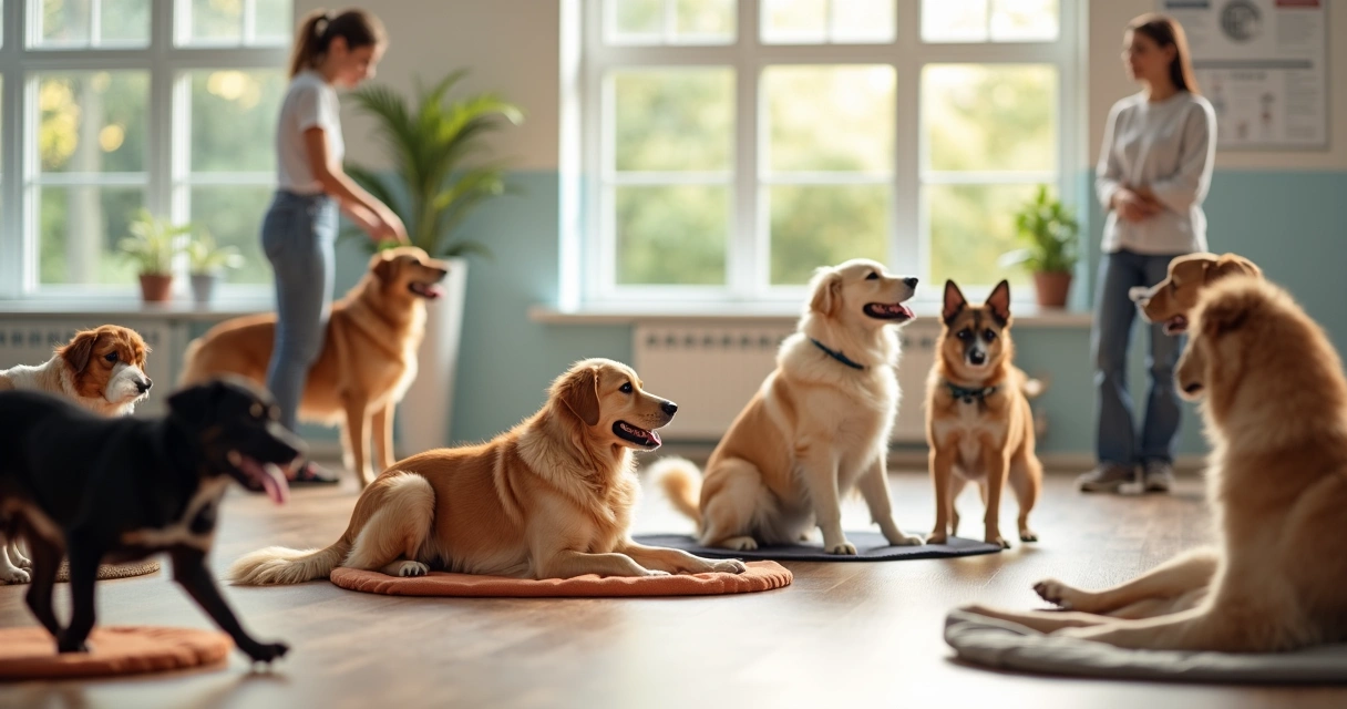 Happy dogs playing together at dog daycare