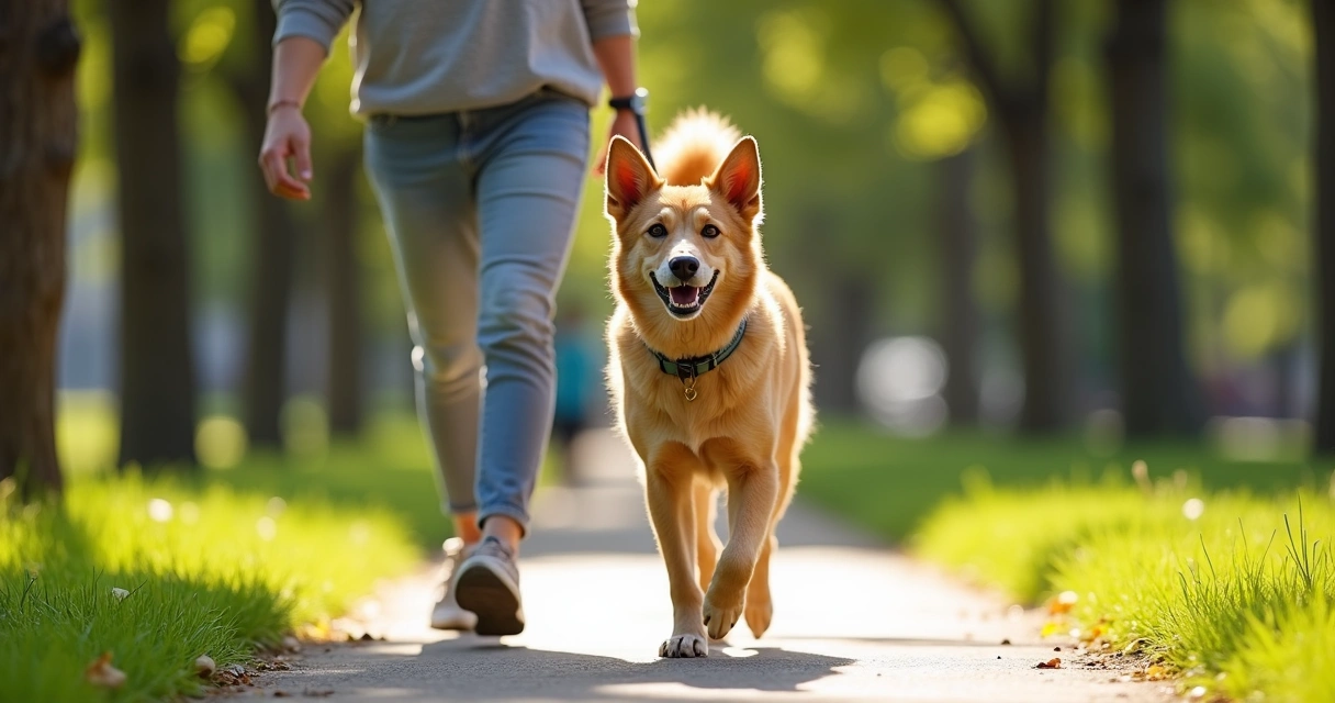 Dog happily walking with owner in green park