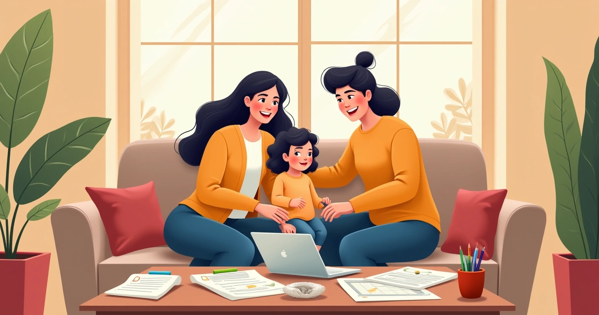 Family budgeting together in cozy living room