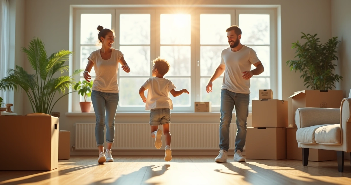 Family with moving boxes in modern living room 