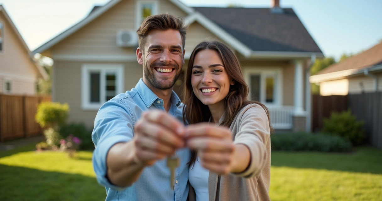 Smiling couple holding house keys outside new home 