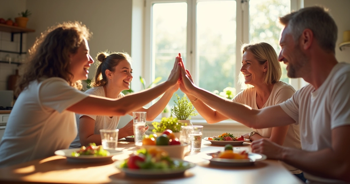 Smiling adults sharing healthy food, celebrating weight journey progress 