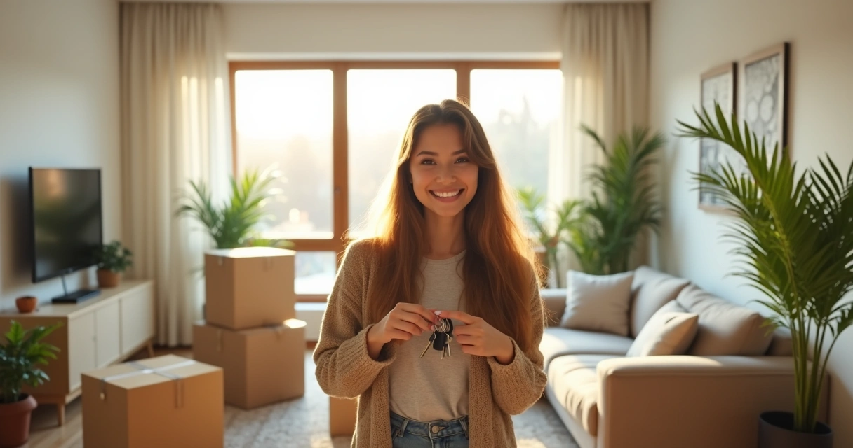 New homeowner smiling in their living room with houseplants 