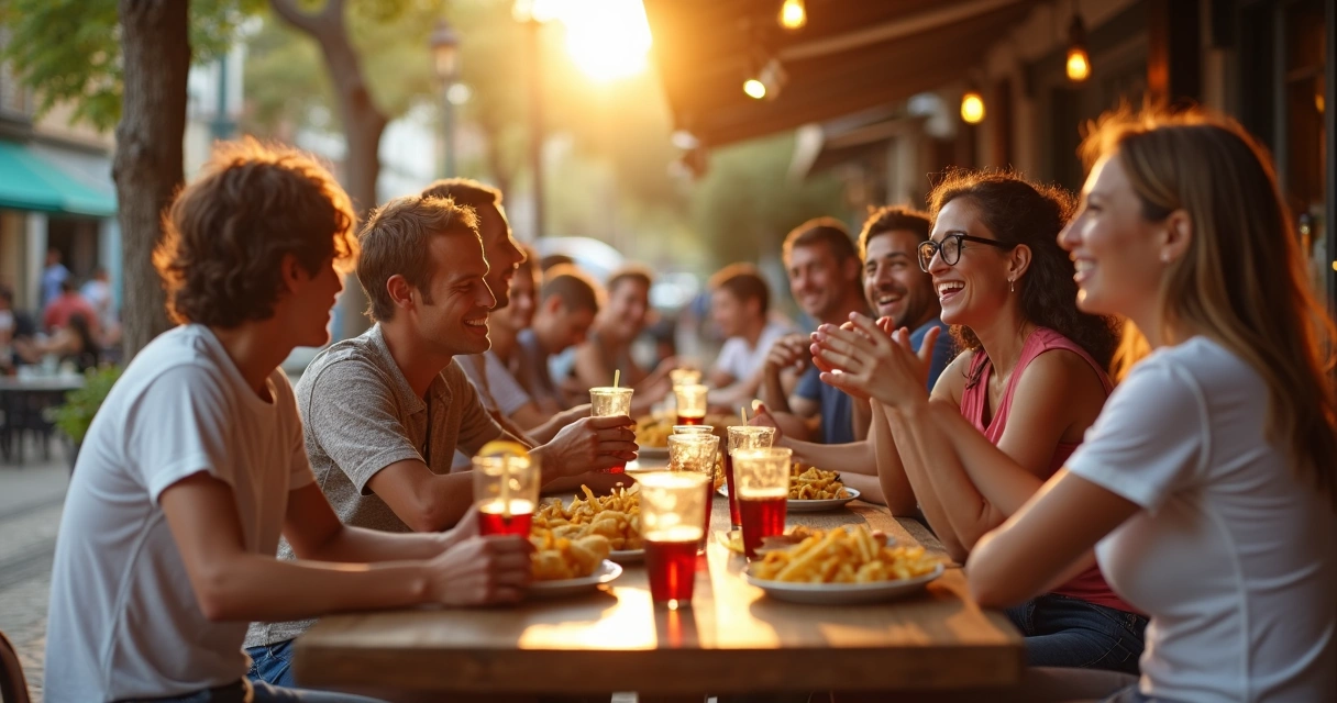 Amigos e petiscos em mesa de bar durante happy hour em Rio Preto 