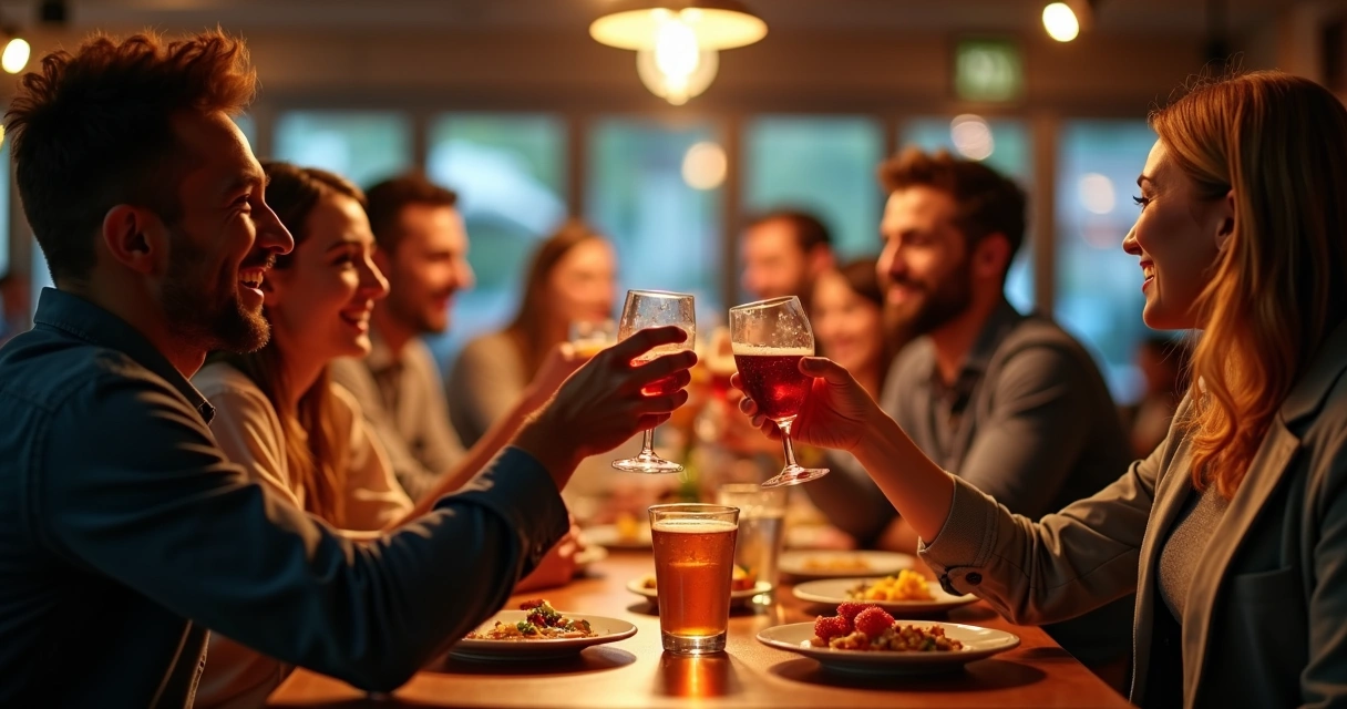 Colaboradores sorrindo em um happy hour