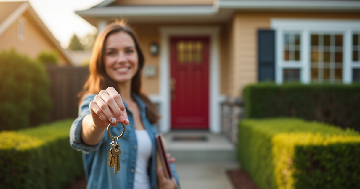 New homeowner holds keys in front of a house. 