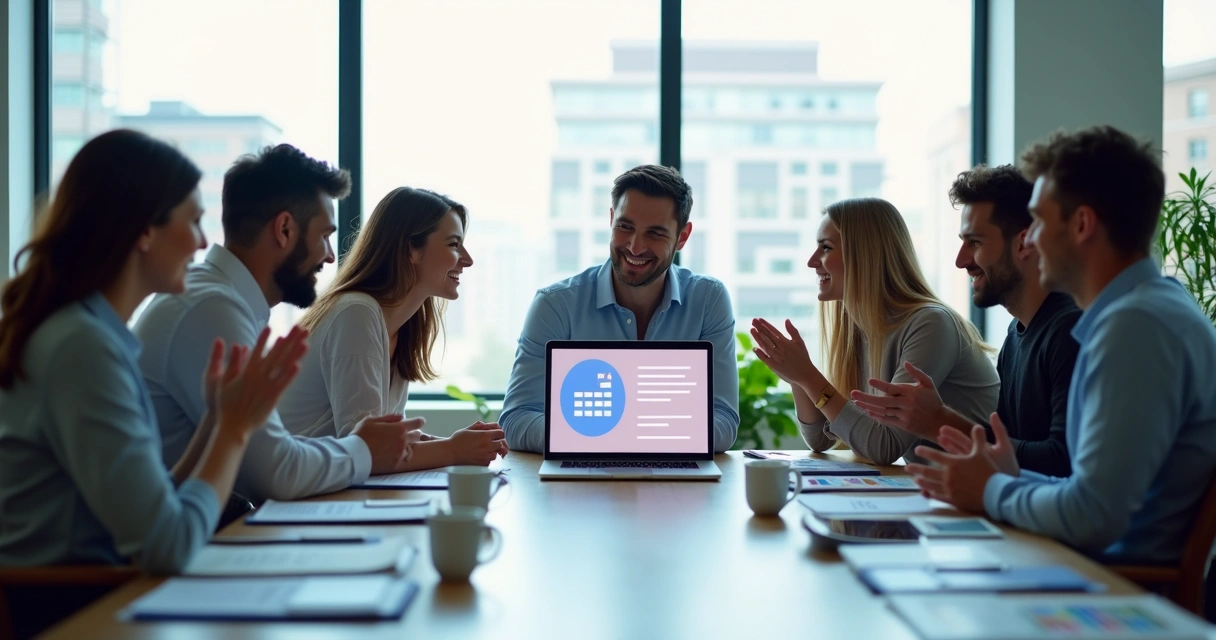 Office team celebrating new software solution 