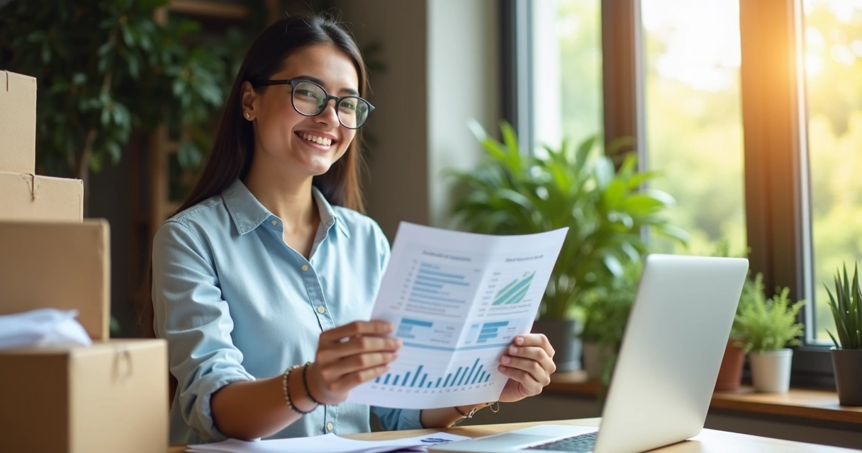 Dono de loja virtual orgulhoso com relatório financeiro positivo 