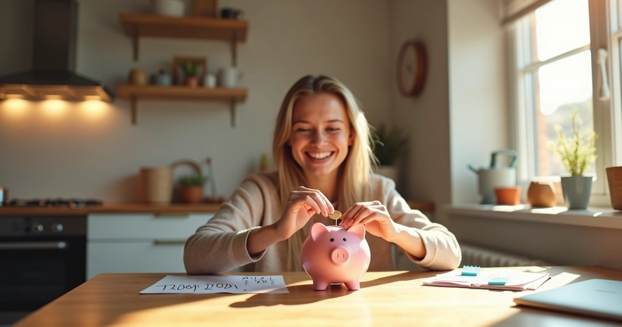 Person putting money in a piggy bank at home 