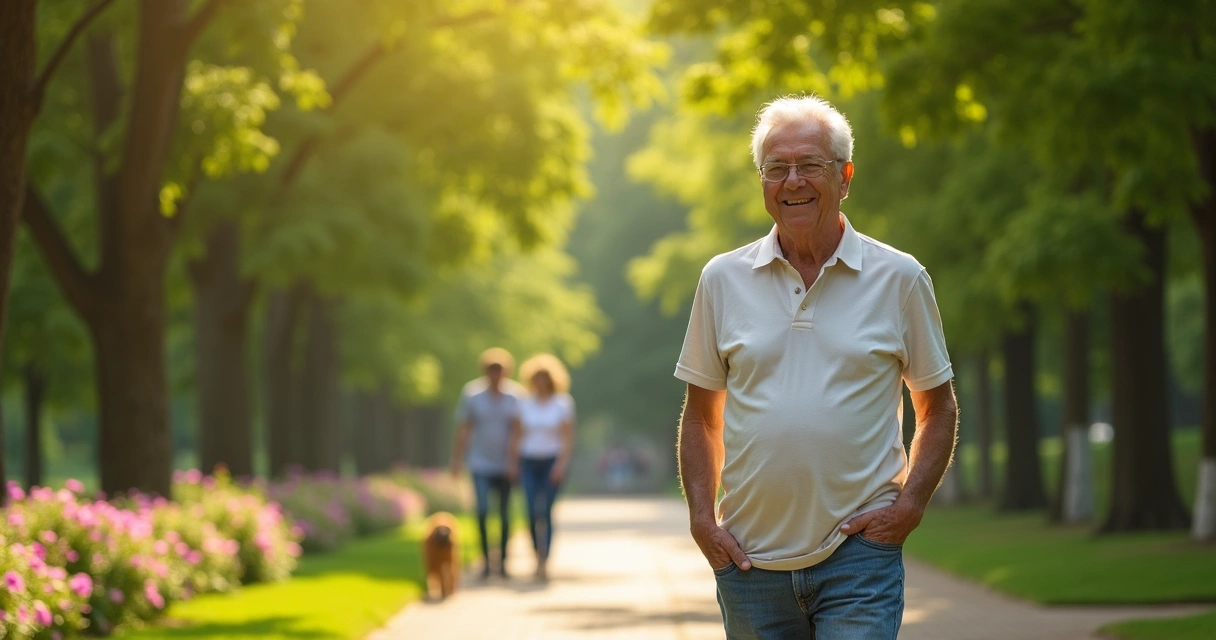Mature person walking in a sunny park looking happy 