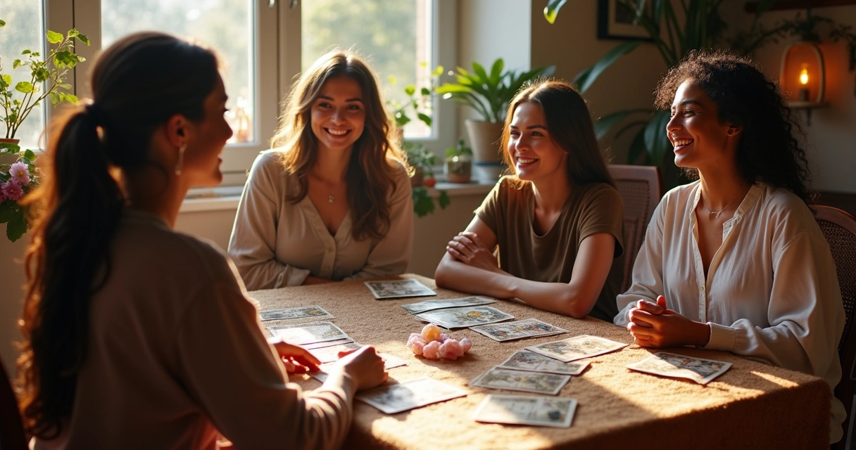 Satisfied tarot clients smiling across table with tarot cards between them 