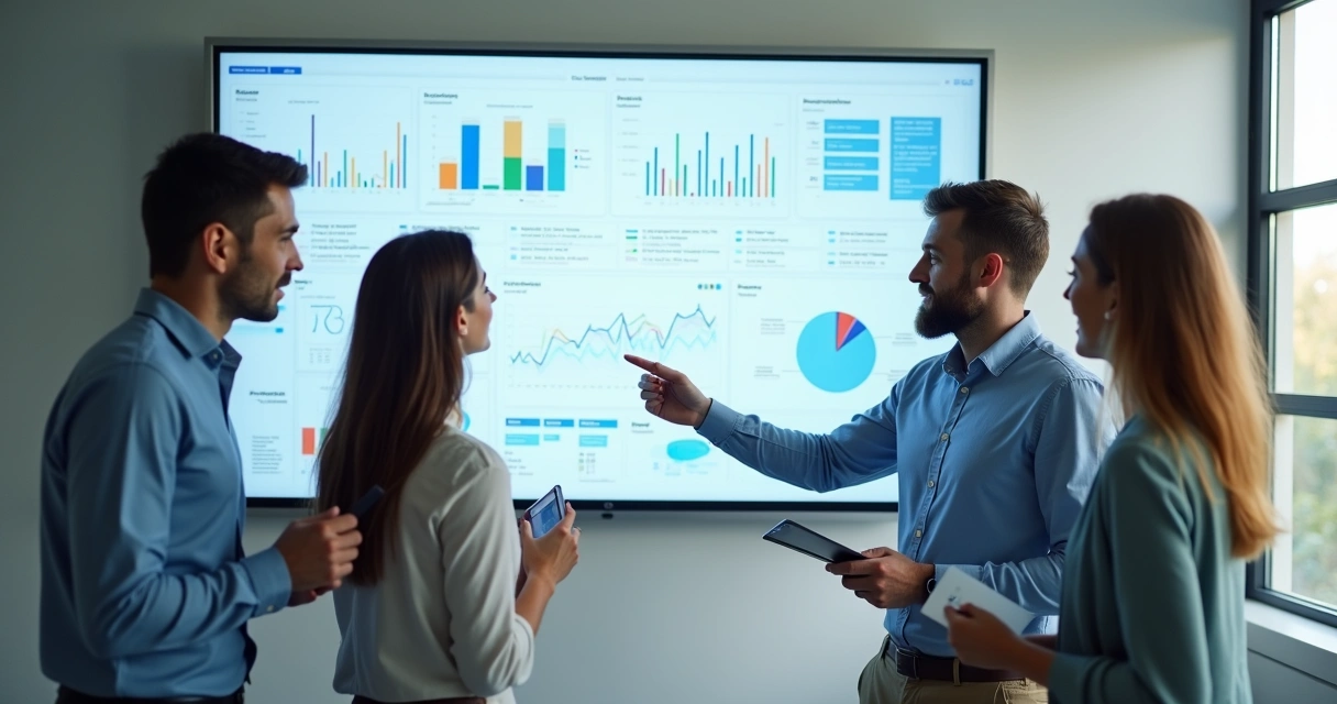 Team of professionals working together at a screen, discussing business dashboard 