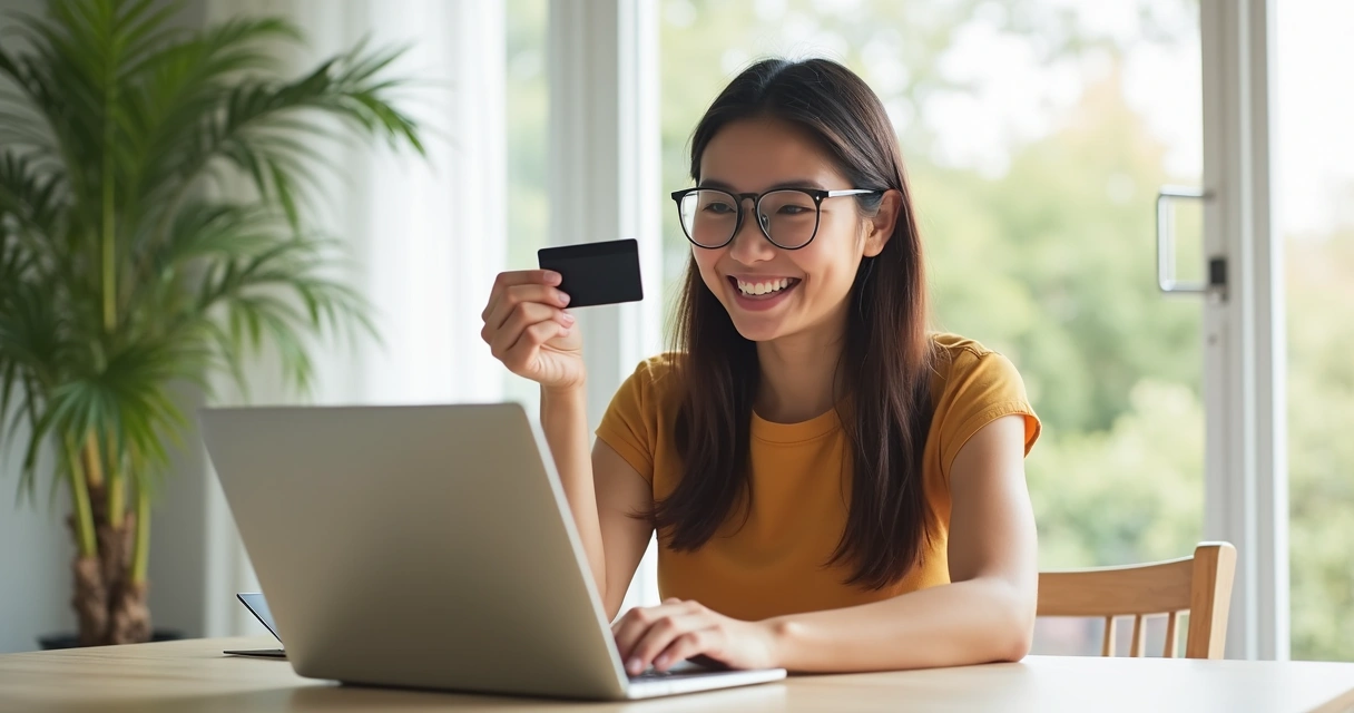 Young woman smiling and using a credit card while shopping online at home