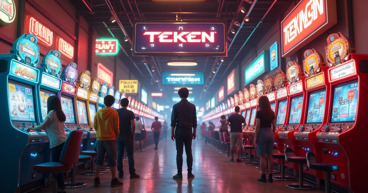 Harada em um fliperama japonês jogando Tekken com fãs 