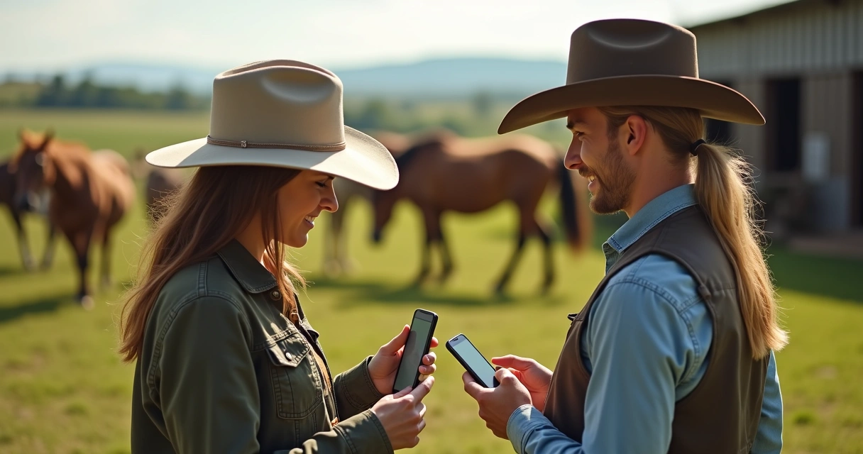 Duas pessoas conversando com assistente no WhatsApp dentro de um haras 