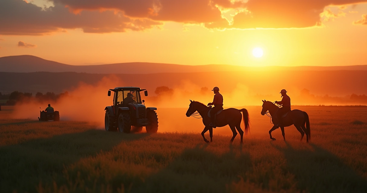 Vista panorâmica de um haras ao amanhecer com cavalos em piquetes, funcionários realizando tarefas de manutenção e equipamentos agrícolas no fundo 