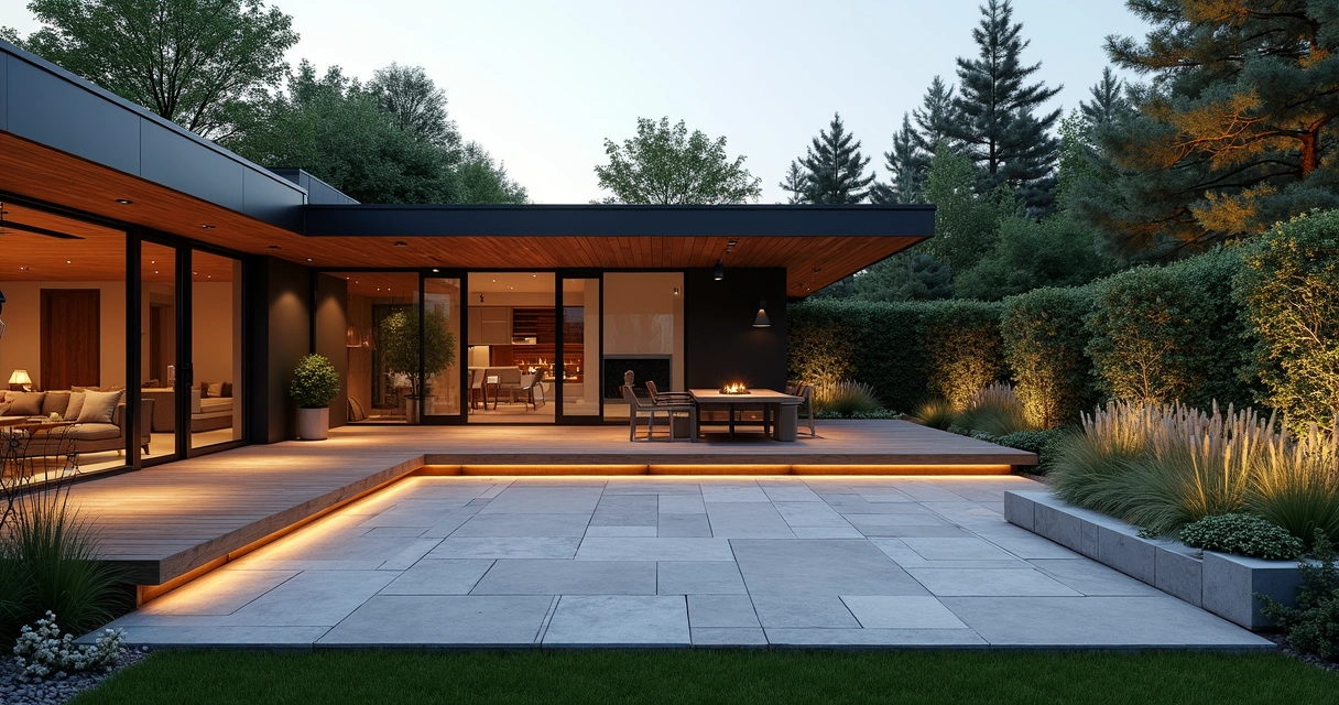 Modern backyard design with integrated stone patio, wooden pergola, and plant borders