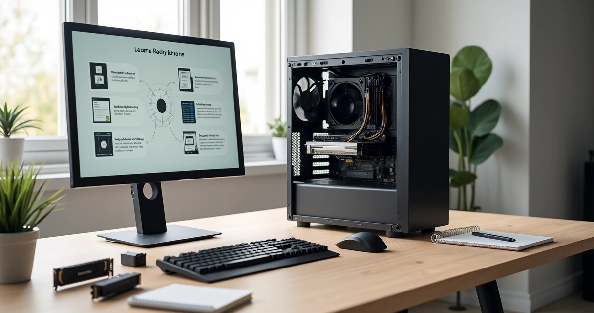 Mesa com computador aberto, peças de hardware e periféricos acessíveis organizados 