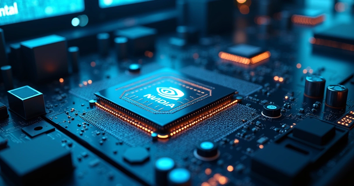 Detalhe de superchip em hardware moderno com luzes azuis e elementos digitais 