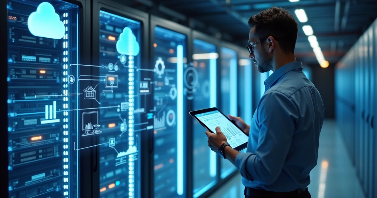 Profissional de TI analisando servidores em datacenter integrado a nuvem híbrida 