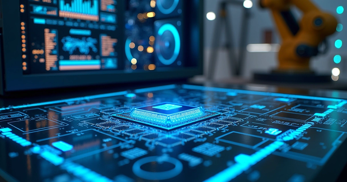 Painel futurista de hardware de IA com luzes azuis 