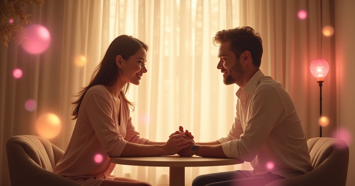 Casal olhando-se sorrindo com brilho de energia ao redor 