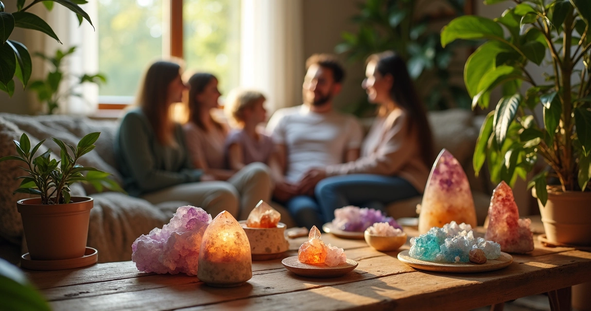 Sala de estar organizada com elementos astrológicos, cristais, plantas e luz suave