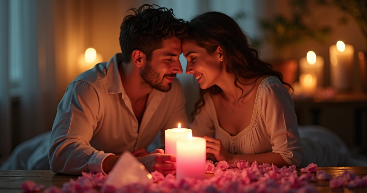 Casal segurando vela rosa juntos com fundo brilhante 