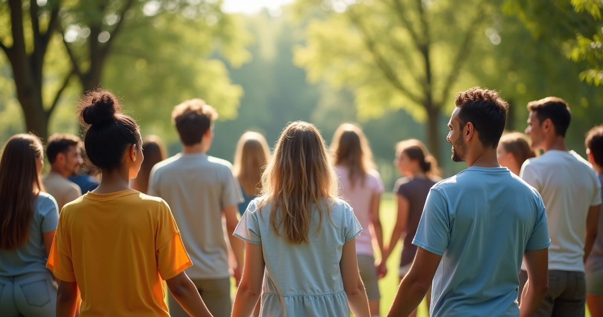 Grupo de pessoas de mãos dadas com uma pessoa ao centro sorrindo 