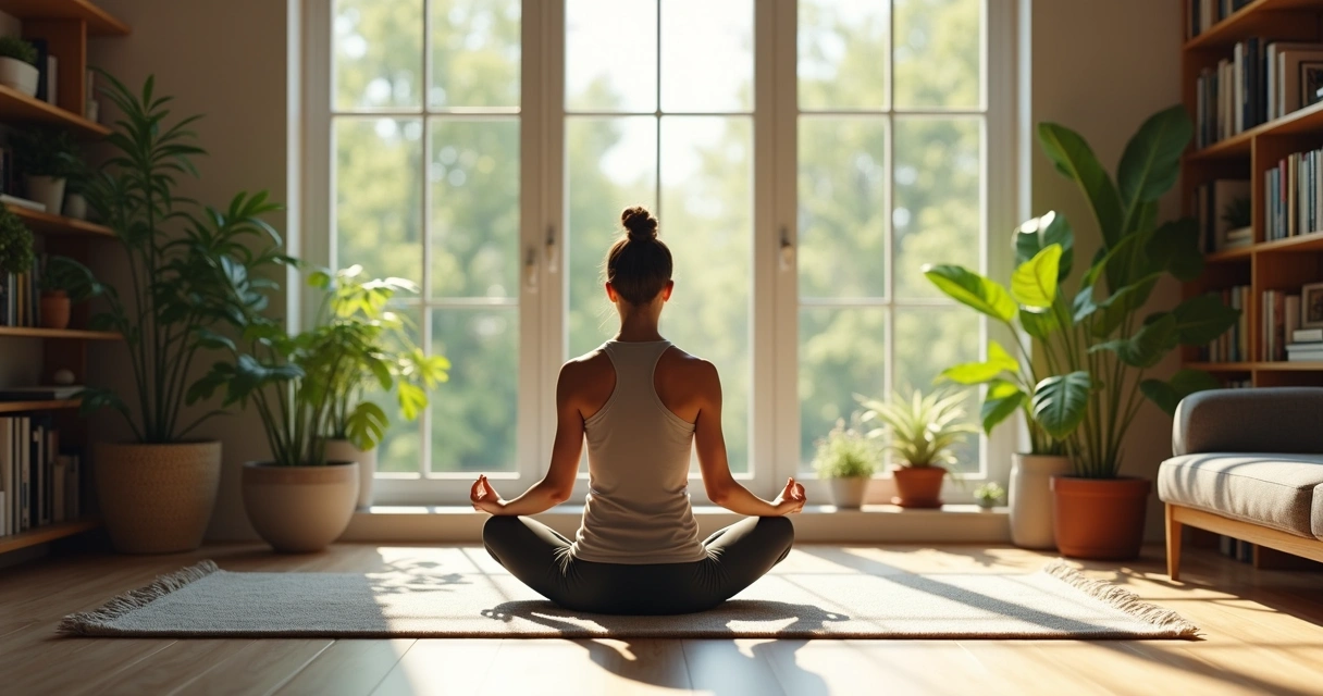 Pessoa meditando em frente a janela, luz suave, ambiente calmo 