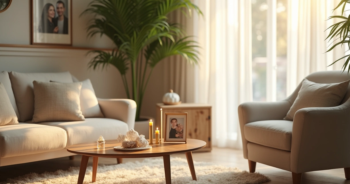 Cantos decorados com cristais, velas e fotos de família em ambiente de sala de estar. 