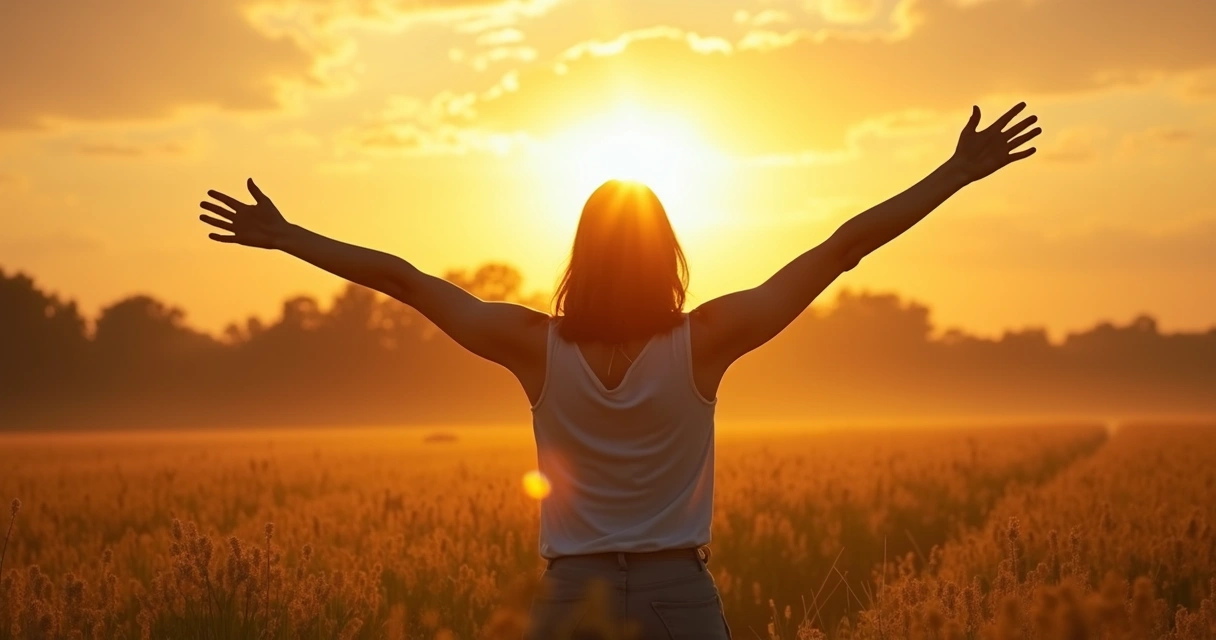Pessoa abrindo os braços para o sol em sinal de liberdade 