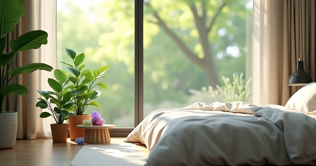 Quarto com plantas e cristais próximos à janela, iluminação natural suave 