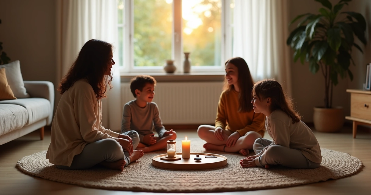 Family sitting in a circle on living room floor sharing a calm ritual together 